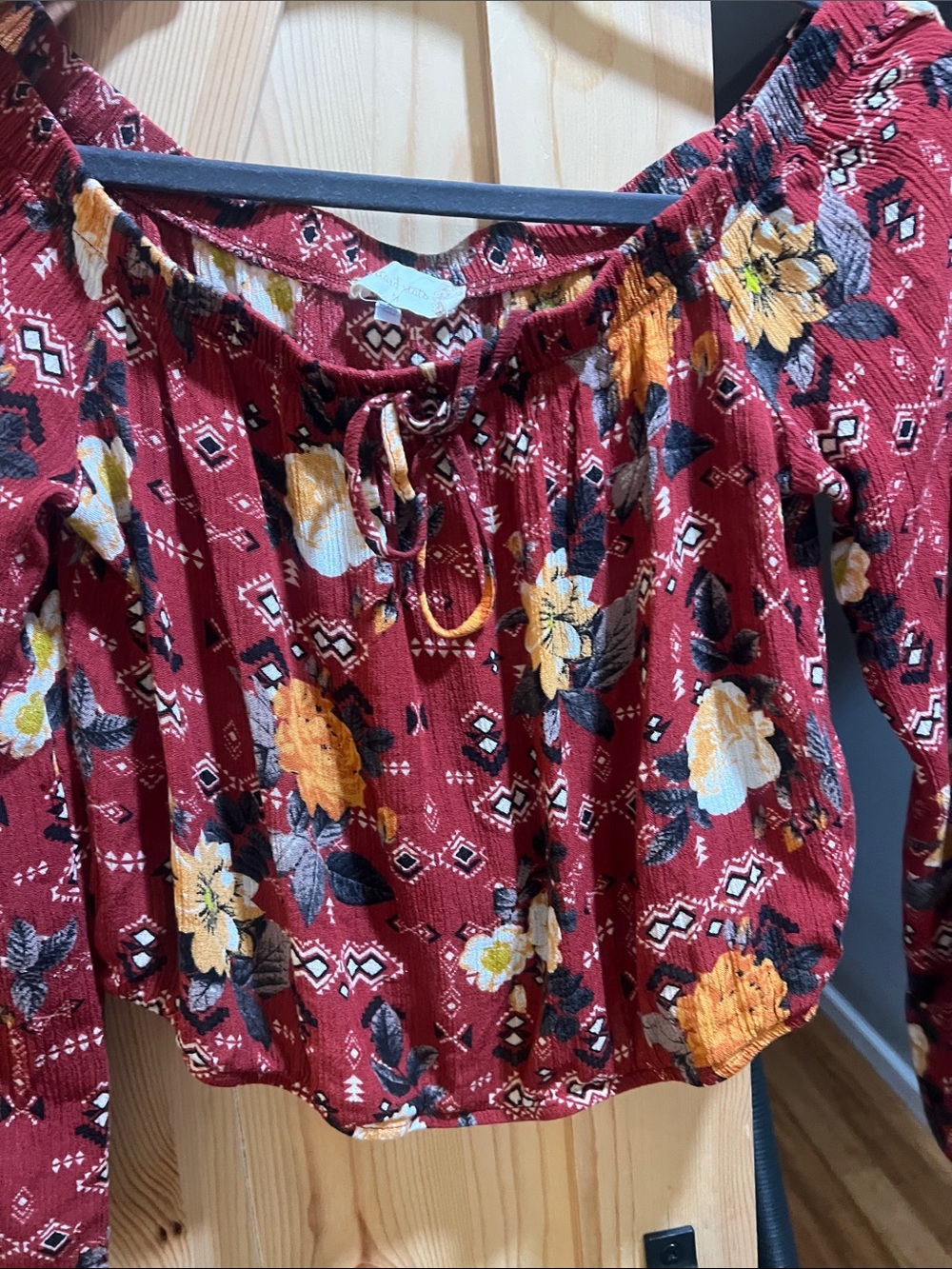 Altard state Burgundy Floral Off-Shoulder Tunic with Yellow Accents